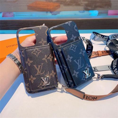 ルイ ヴィトン LOUIS VUITTON iPhone15/14ケース モノグラム 人気 vuitton風 ファッション 牛革レザー ジャカード ショルダー 携帯カバー アイフォン ブランド スマホケース カードポケット 